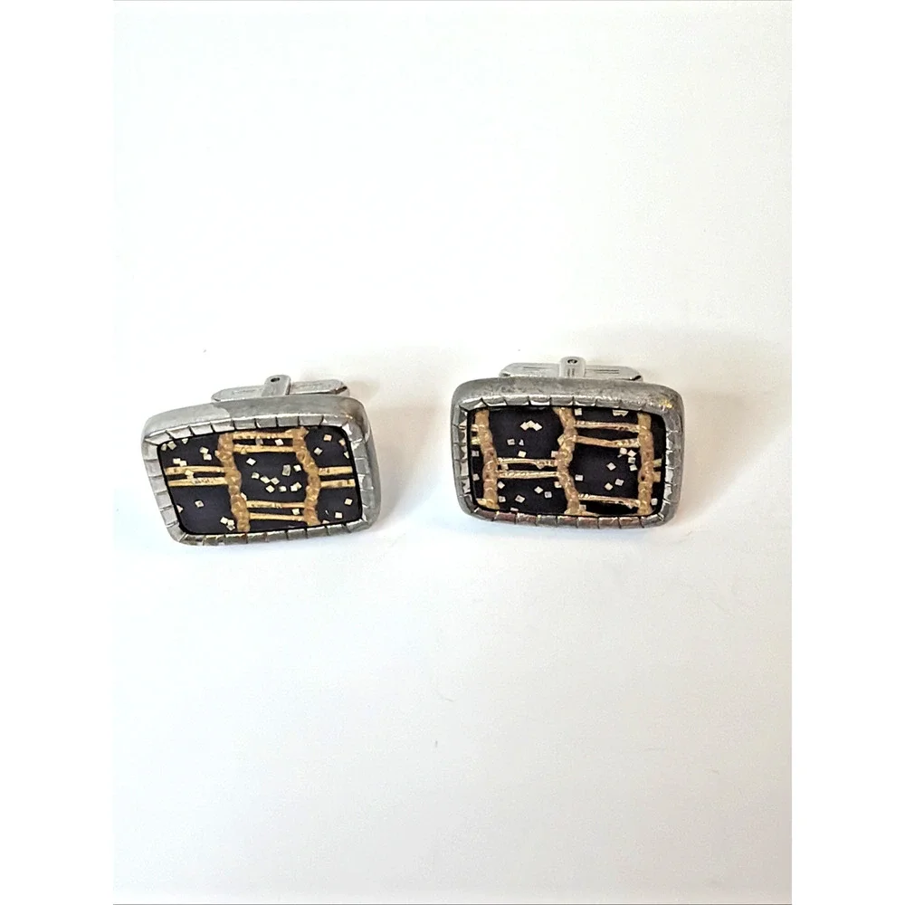 Vintage HICKOK USA Black Gold Enamel Silver Tone Abstract Cufflinks Mid Century